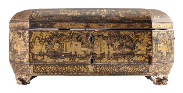 Black-Lacquered and Gilt Chinese: Export Sewing Box second quarter 19th century, octagonal form with elaborately decorated top, front and sides around, side handles, multiple interior compartments, retains some ivory sewing implements