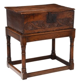 Early English Carved Elm Bible Box on Frame
