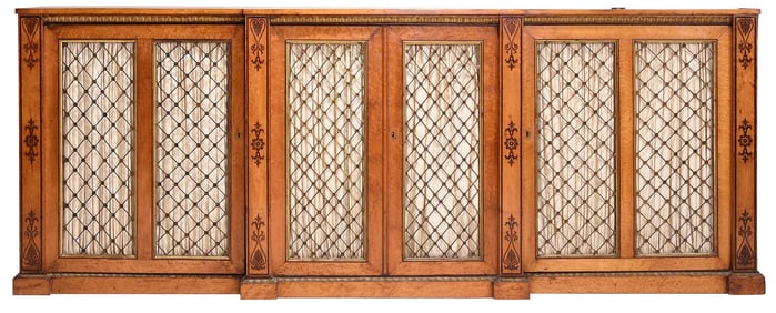 Impressive Regency Inlaid Bird's Eye Maple Grille Door Breakfront Cabinet