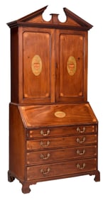 Georgian Figured Mahogany Urn and Quarter Fan Inlaid Secretary Bookcase