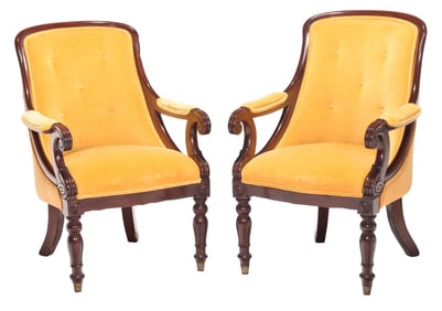 Pair of William IV Carved Mahogany and Velvet Upholstered Open Armchairs