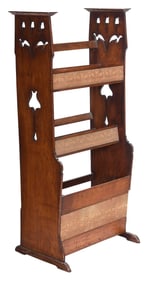 Arts and Crafts Tulip Decorated and Fabric Mounted Oak Magazine Rack
