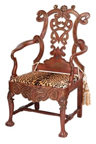 Chinese Style Carved and Paint Decorated Armchair with Faux Animal Print Upholstery
