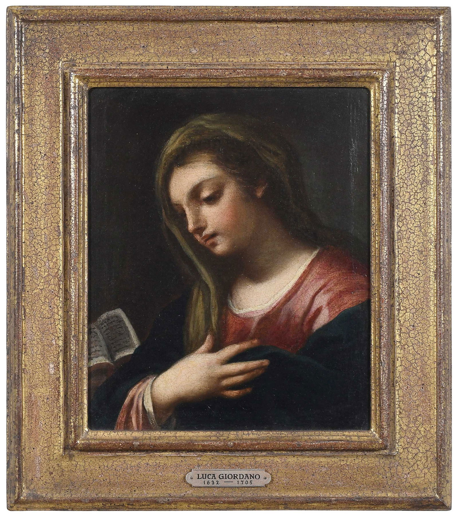 Follower of Paolo De Matteis, Madonna: (Italian, 1662-1728) The Virgin Mary in prayer, unsigned, oil on canvas, 10-5/8 x 8-7/8 in.; gilt wood frame, 15 x 13-3/8 x 1-1/4 in. Provenance: The Estate of Sylvia and Richard Garrett,