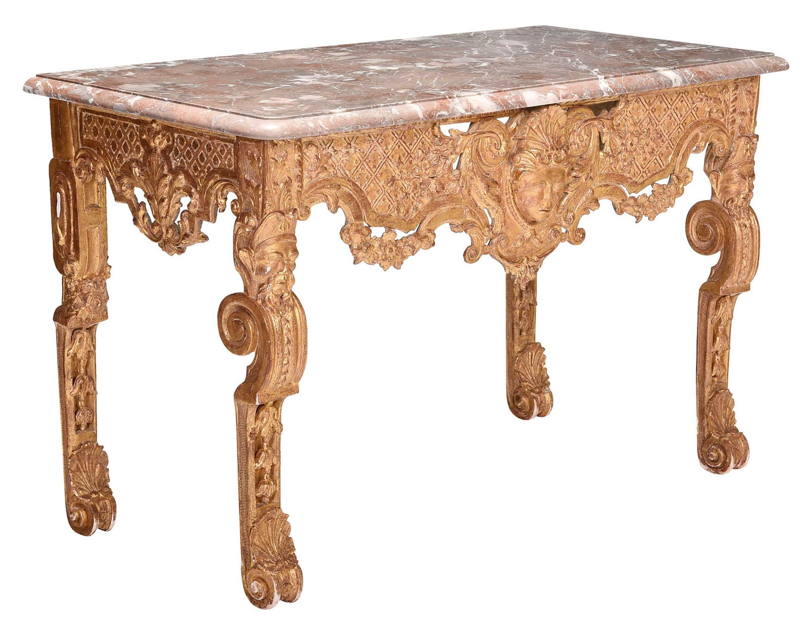 Louis XV Carved and Gilt Chinoisere Console Table With Marble Top: French or Italian, 18th century, marble top over well carved base featuring a central mask and shell design, both legs carved in deep relief featuring a Chinoiserie inspired mask, foliate and shell ca
