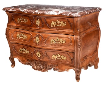 Provincial Louis XV Carved Walnut and Gilt Bronze Mounted Marble Top Commode