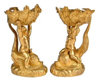 Pair of Gilt Bronze Putti and Dolphin Figural Compotes