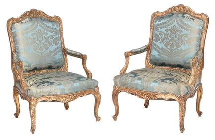 Pair of Louis XV Style Carved and Gilt Fauteuils