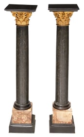 Pair of Corinthian Column Form Marble and Gilt Bronze Pedestals