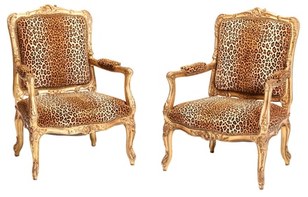 Pair of Louis XV Style Carved and Gilt Fauteuils