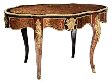 Boulle Style Brass Inlaid and Ebonized Cartouche Form Center Table