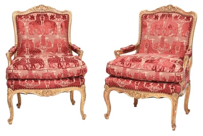 Pair of Louis XV Style Carved, Gessoed, and Gilt Open Armchairs