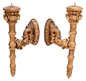 Pair of Italian Classical Carved Gilt Wood Sconces