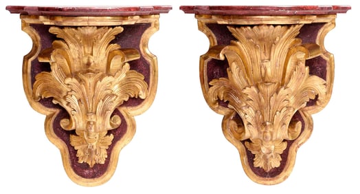 Large Pair of Venetian Baroque Style Faux Painted and Gilt Wood Wall Shelves