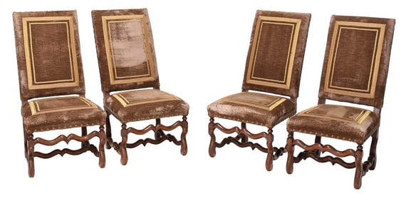 Set of Four Baroque Style Walnut and Velvet Upholstered Dining Chairs