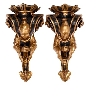 Pair Venetian Style Carved, Gilt and Ebonized Wall Brackets
