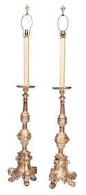 Two Monumental Continental Gilt Wood Candlesticks Converted to Floor Lamps