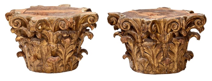 A Pair of Corinthian Form Carved and Gilt Capital Form Pedestals