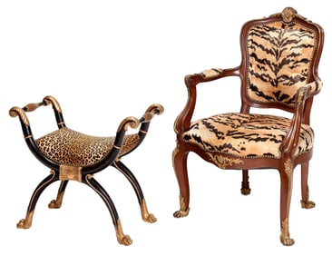 Tiger Print Upholstered Open Armchair, with a Leopard Print Upholstered Bench
