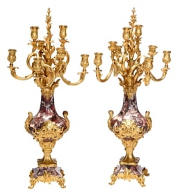 Pair of Louis XIV Style Eight Light Gilt Bronze and Marble Candelabra