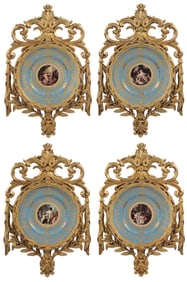 Suite of Four Sevres Style Gilt-Encrusted and Framed Porcelain Plates
