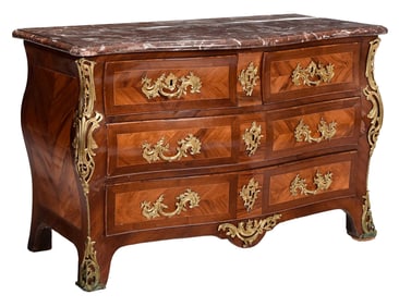 Louis XV Style Marquetry Inlaid Marble Top Commode