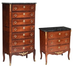 Louis XV Style Parquetry and Marble Top Semainier and Matching Petite Commode