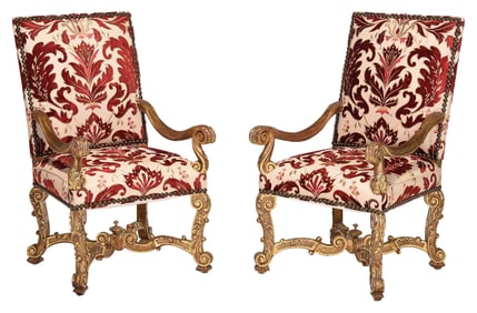 Pair of Louis XIV Style Carved, Gilt, and Finely Upholstered Open Armchairs