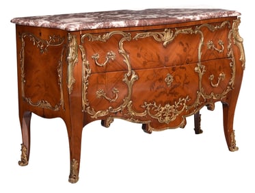 Louis XV Style Bronze Mounted Marquetry Inlaid Marble Top Commode