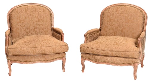 Pair of Louis XV Style Paint Decorated Upholstered Bergeres