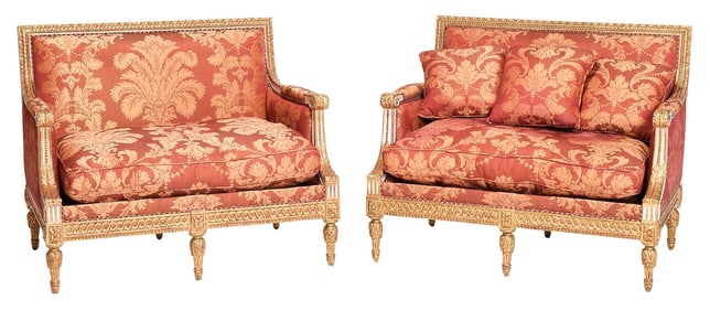 Pair of Louis XVI Style Carved Gilt and Upholstered Settees