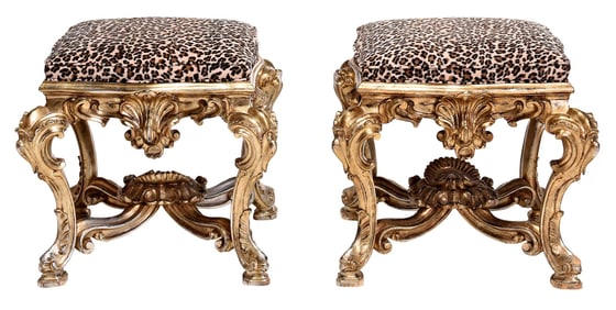 Pair William Switzer Louis XIV Style Carved, Silvered, and Animal Print Tabourets