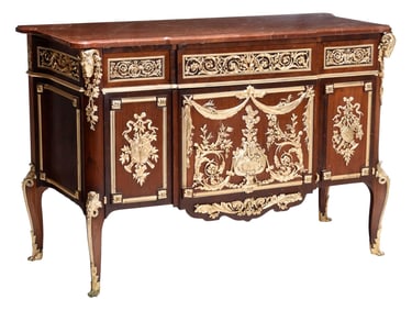 Fine Louis XV Style Gilt Bronze Mounted Marble Top Commode