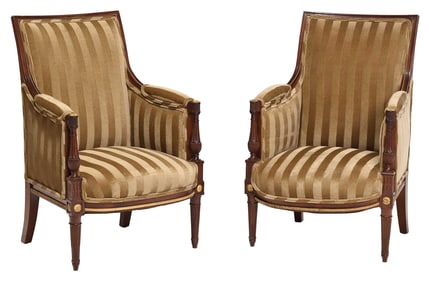 Pair of Louis XVI Style Carved Walnut and Gilt Bronze Mounted Upholstered Bergeres