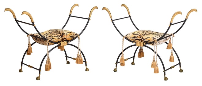 Exuberant Pair of Empire Style Gilt Bronze Black Painted and Faux Tiger Upholstered Benches