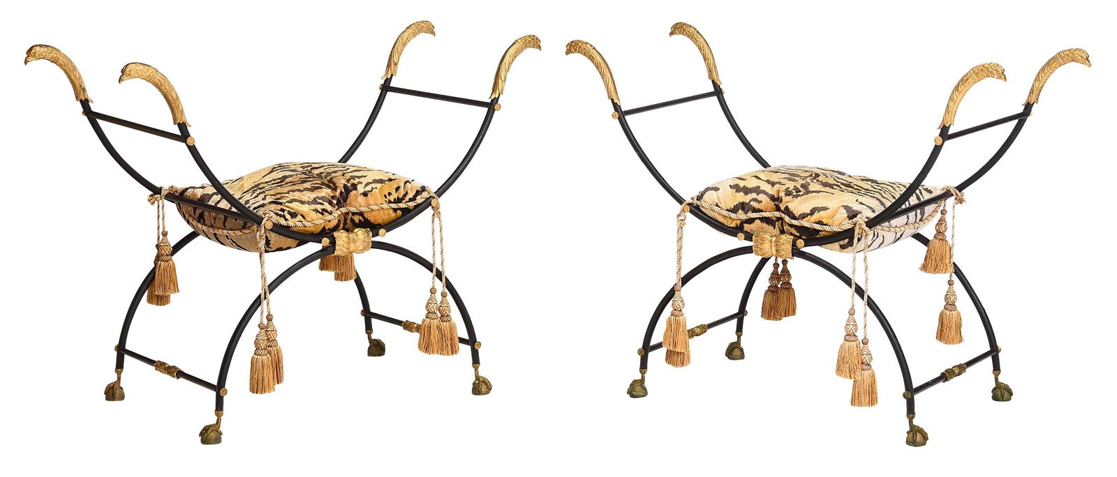 Exuberant Pair of Empire Style Gilt Bronze Black Painted and Faux Tiger Upholstered Benches (1 of 13)