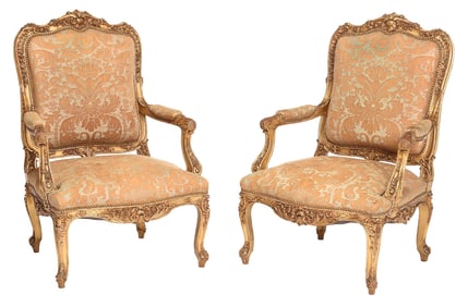 Pair of Louis XV Style Carved and Gilt Upholstered Open Armchairs