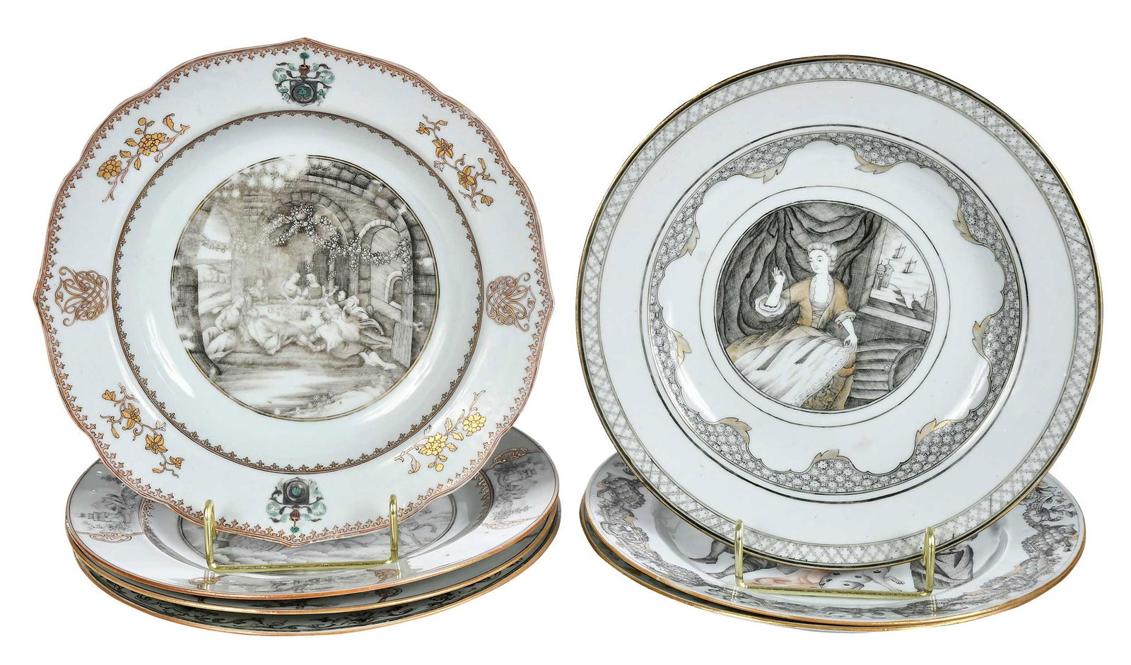 Rare Collection of Seven Chinese Export Grisaille and Gilt Porcelain Dishes with Western Scenes: 18th century, comprising: pair of plates with central decoration of Aurora riding chariot; Jupiter and Juno plate; Cybele riding Chariot plate; plate with central decoration of Daphnis and Chloe after