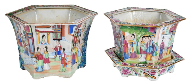 Two Chinese Export Rose Mandarin Hexagonal Porcelain Planters