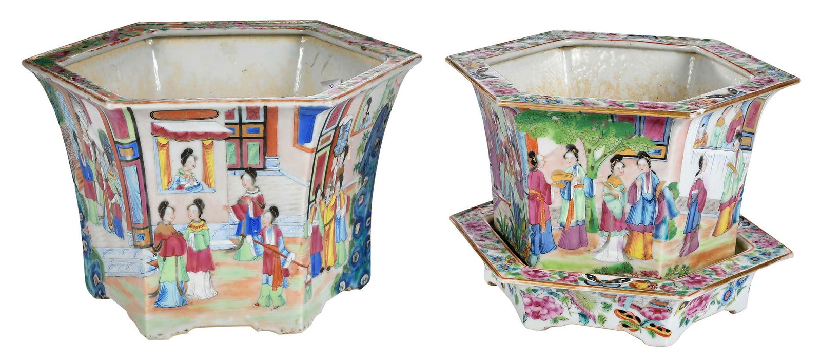 Two Chinese Export Rose Mandarin Hexagonal Porcelain Planters (1 of 11)