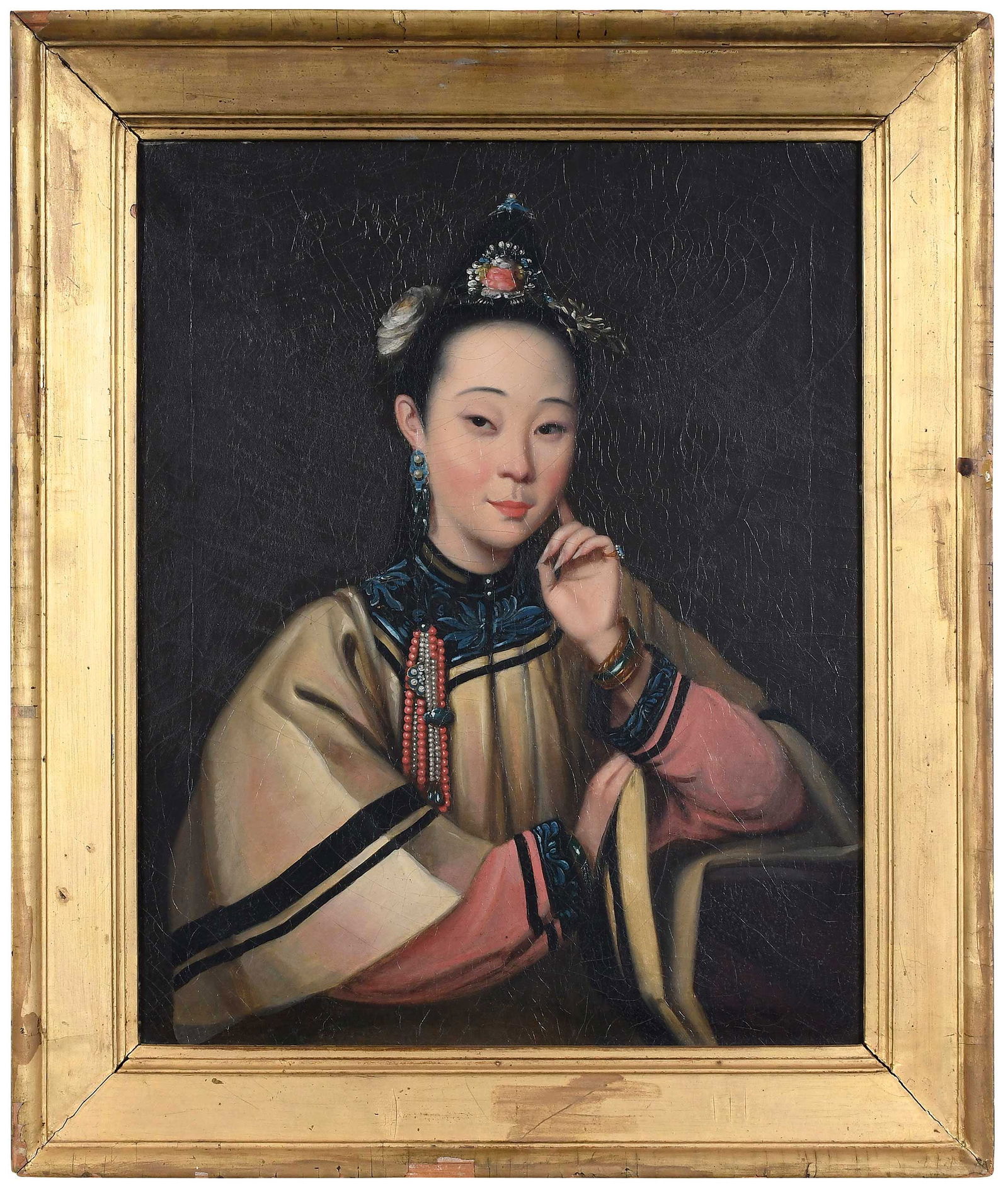 China Trade Portrait of A Chinese Noblewoman: (possibly Lam Qua, Canton,1801-1860) A beauty in jade, coral and pearl jewelry, unsigned, oil on canvas or silk, 17-1/2 x 14 in.; 19th century gilt wood frame, 21-1/2 x 18-1/4 x 2-1/8 in. Proven