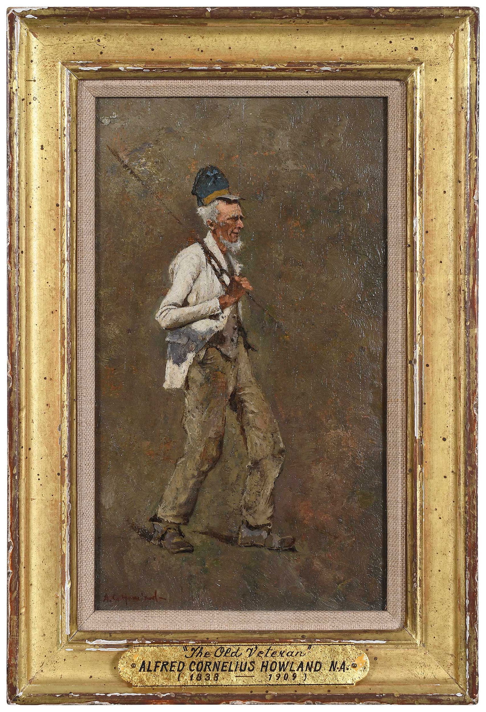 Alfred Cornelius Howland: (American, 1838-1909) Sketch for Fourth of July Parade--The Old Veteran, signed lower left "A.C. Howland", oil on panel from cigar box lid, 7-3/4 x 4-1/2 in.; gilt wood frame, 10 x 6-3/