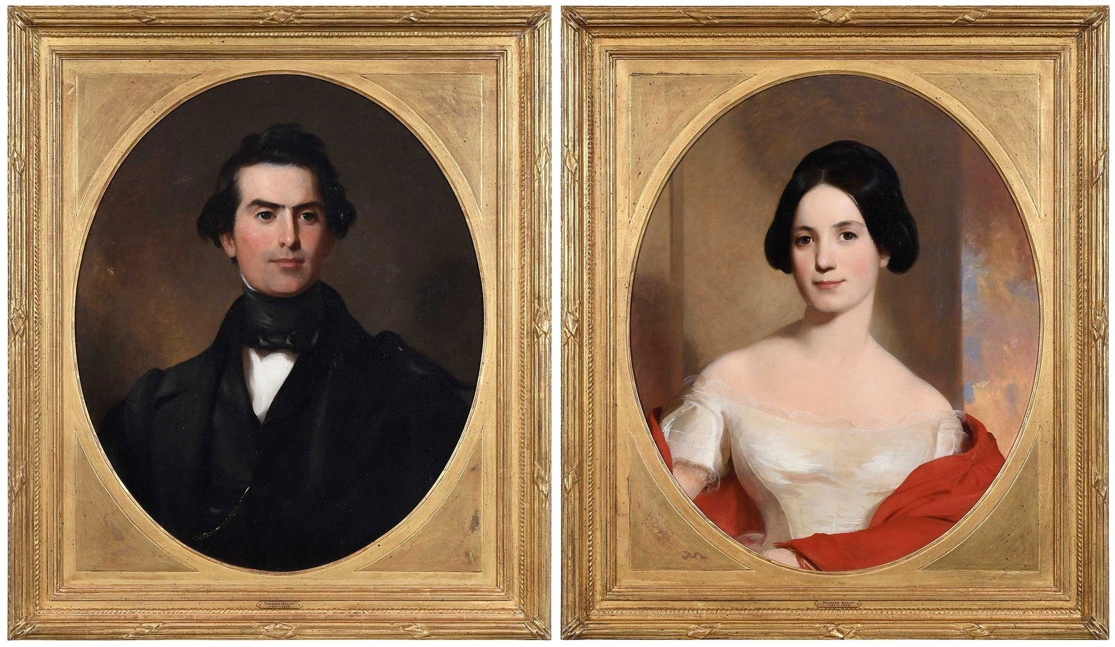 Thomas Sully: (English/America, 1783–1872) Mr. and Mrs. William Hamilton, a Pair of Portraits, 1850, each oil on canvas, 30 x 24-3/4 in.; fine matching carved gilt wood frames, each 36 x 31 x 3 in. Prov