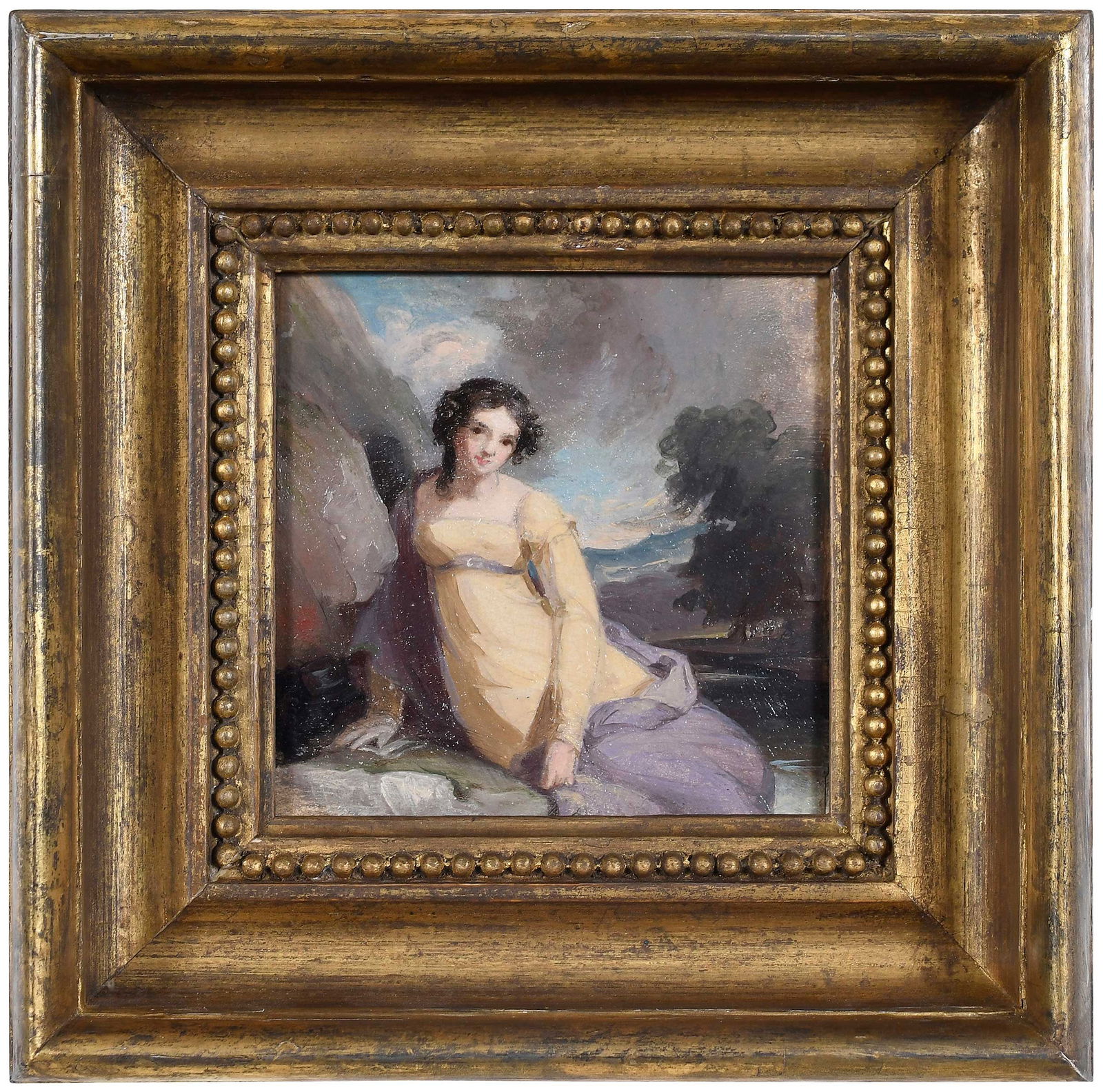 Thomas Sully: (English/America, 1783–1872) Young Woman in a Landscape, unsigned, oil on paper, 4-1/4 x 4-1/4 in.; period carved gilt wood frame, 7-3/8 x 7-3/8 x 1-7/8 in. Provenance: Hirschl &