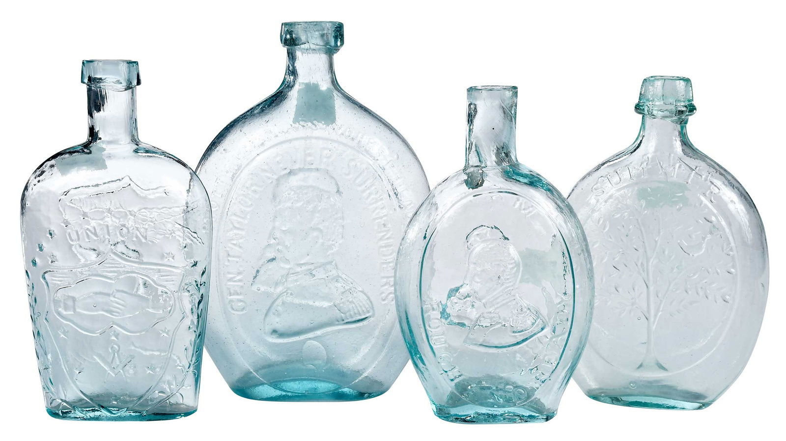 Four Historic American Pictorial Aqua Glass Flasks: American, 19th century, various forms with portrait, star, tree, and other symbolic motifs, including: "Union" example; "Rough and Ready/Major Ringgold" example; Dyottville Gl