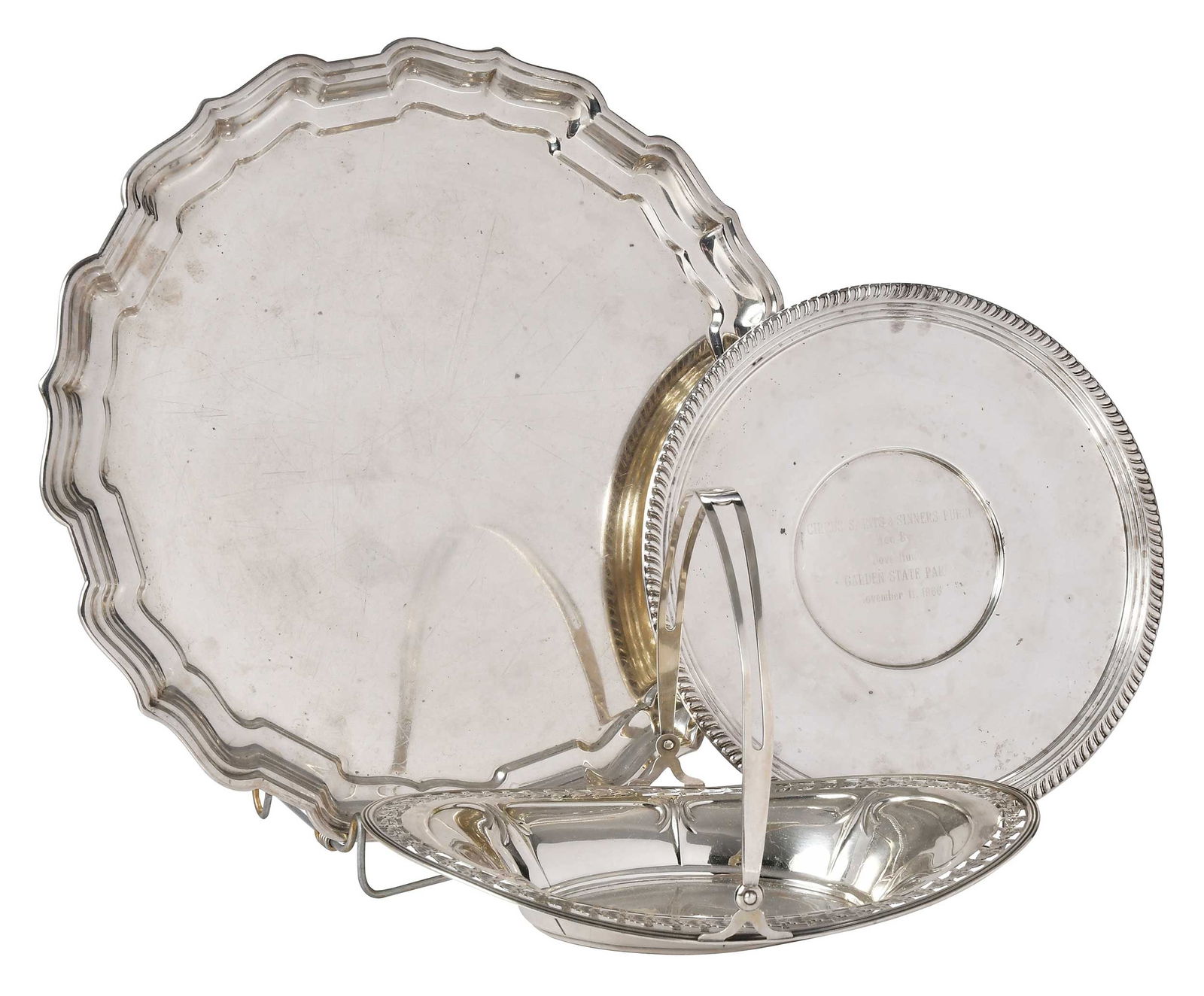 Two Sterling Trays and Basket: American, 20th century, Frank Smith Silver Chippendale tray, 14 in.; trophy plate, 10 in.; oval basket with hinged handle, 10-3/47 x 7-1/4 in., 44.75 oz. T. Provenance: Property From An Important Esta