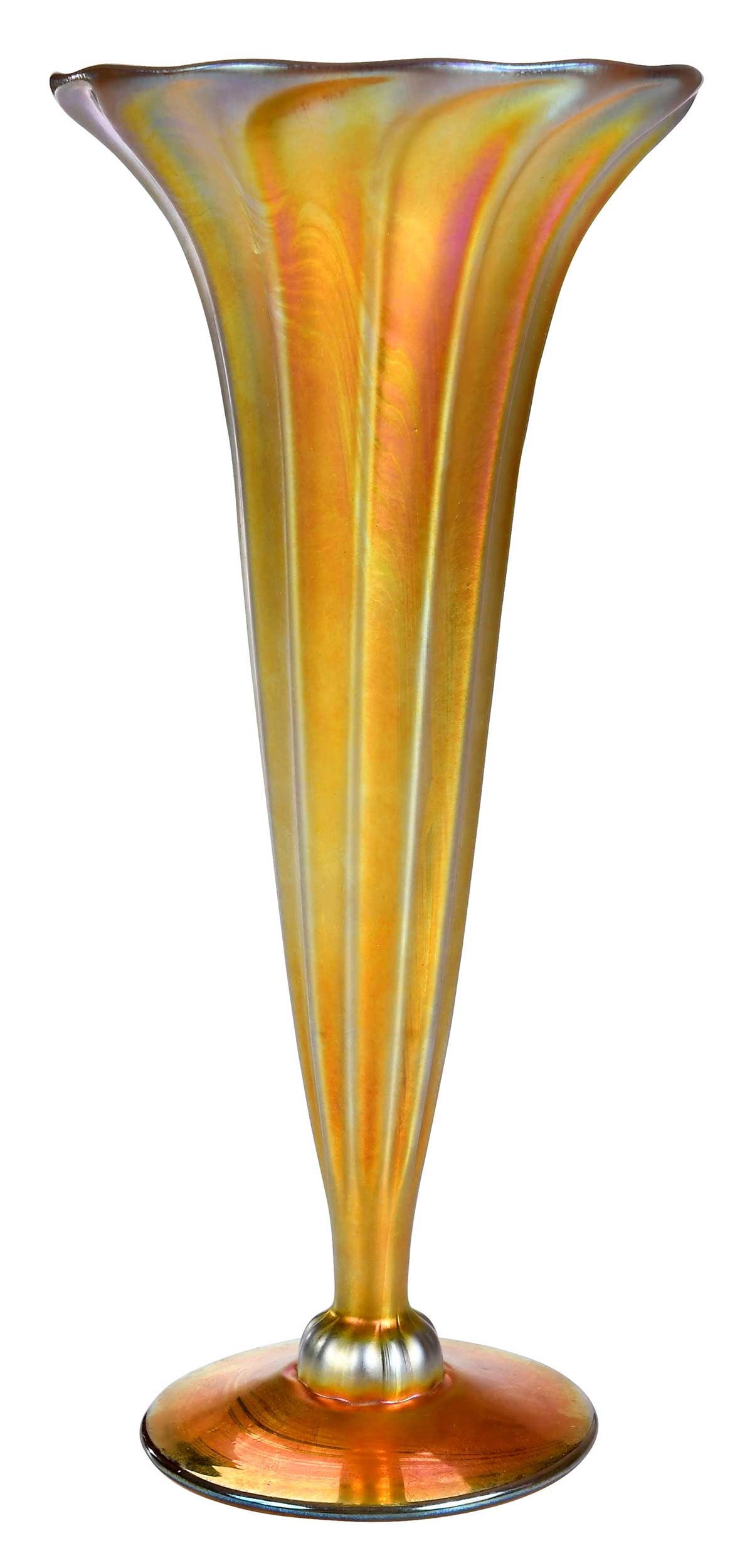 Steuben Gold Aurene Tall Floriform Vase: American, 20th century, approx. 10-5/8 x 4-7/8 x 4-7/8 in. Provenance: Property From An Important Estate, Maryland