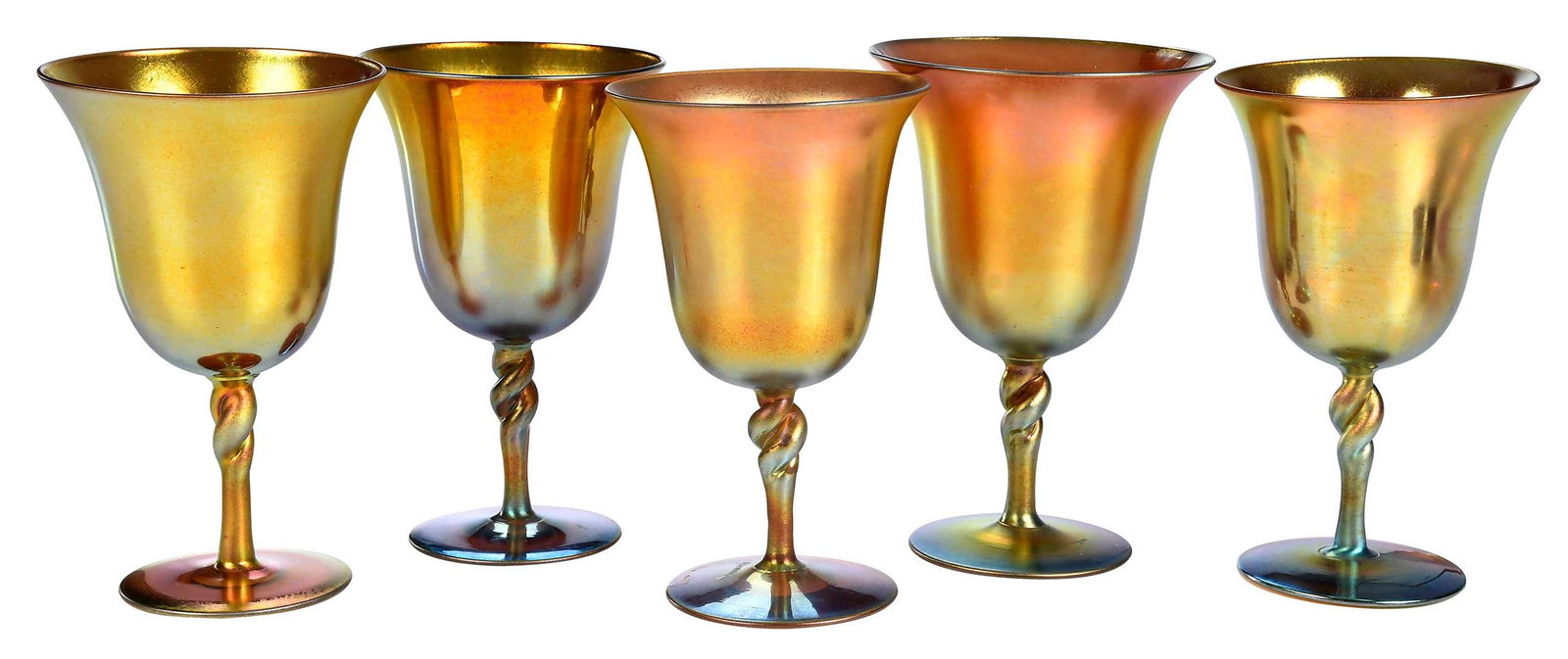 14 Steuben Gold Aurene Glass Goblets: American, 20th century, of slightly varying size each numbered with "aurene" to underside of base, three examples with Steuben labels to undersides of bases, largest approx. 6-1/4 x 4-1/8 x