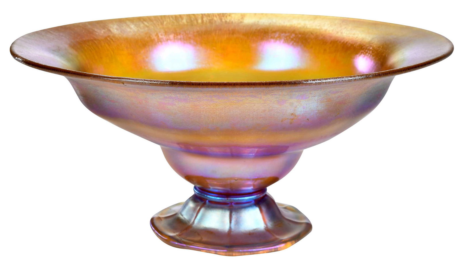 Tiffany Favrile Glass Footed Center Bowl: American, 20th century, inscribed on base "1848 L.C. Tiffany - Favrile", 5-1/4 x 11-1/2 x 11-1/2 in. Provenance: Property From An Important Estate, Maryland