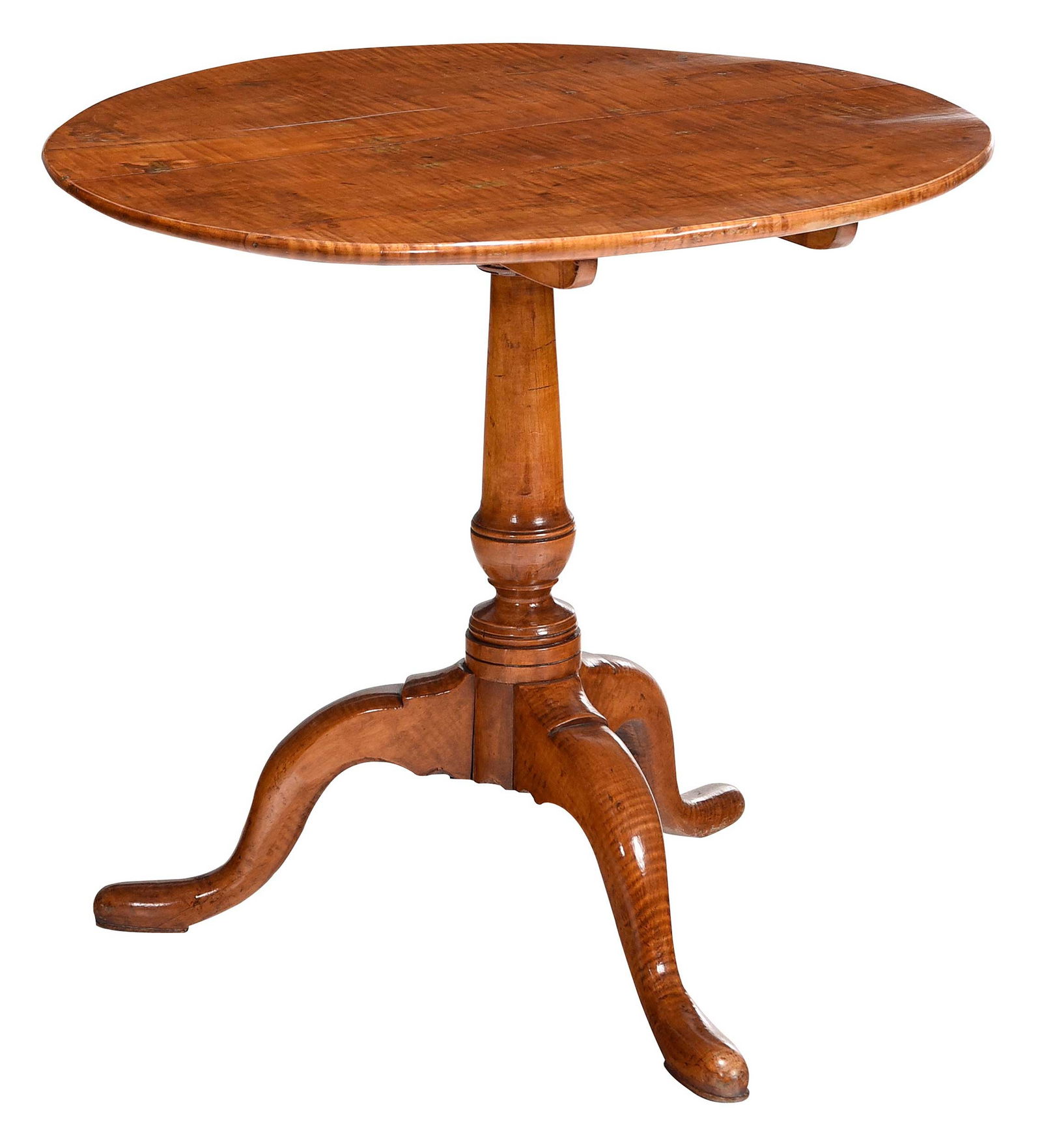 New England Queen Anne Tiger Maple Tilt Top Tea Table: late 18th century, highly figured maple throughout, original iron catch and spider, 26 x 27-1/4 x 28-1/4 in. Provenance: Property From An Important Estate, Maryland